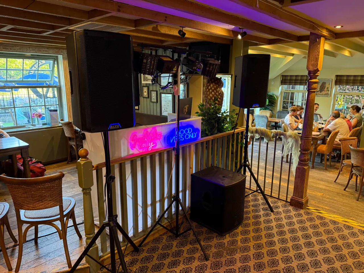 Good Vibes Only DJ deck setup at an event