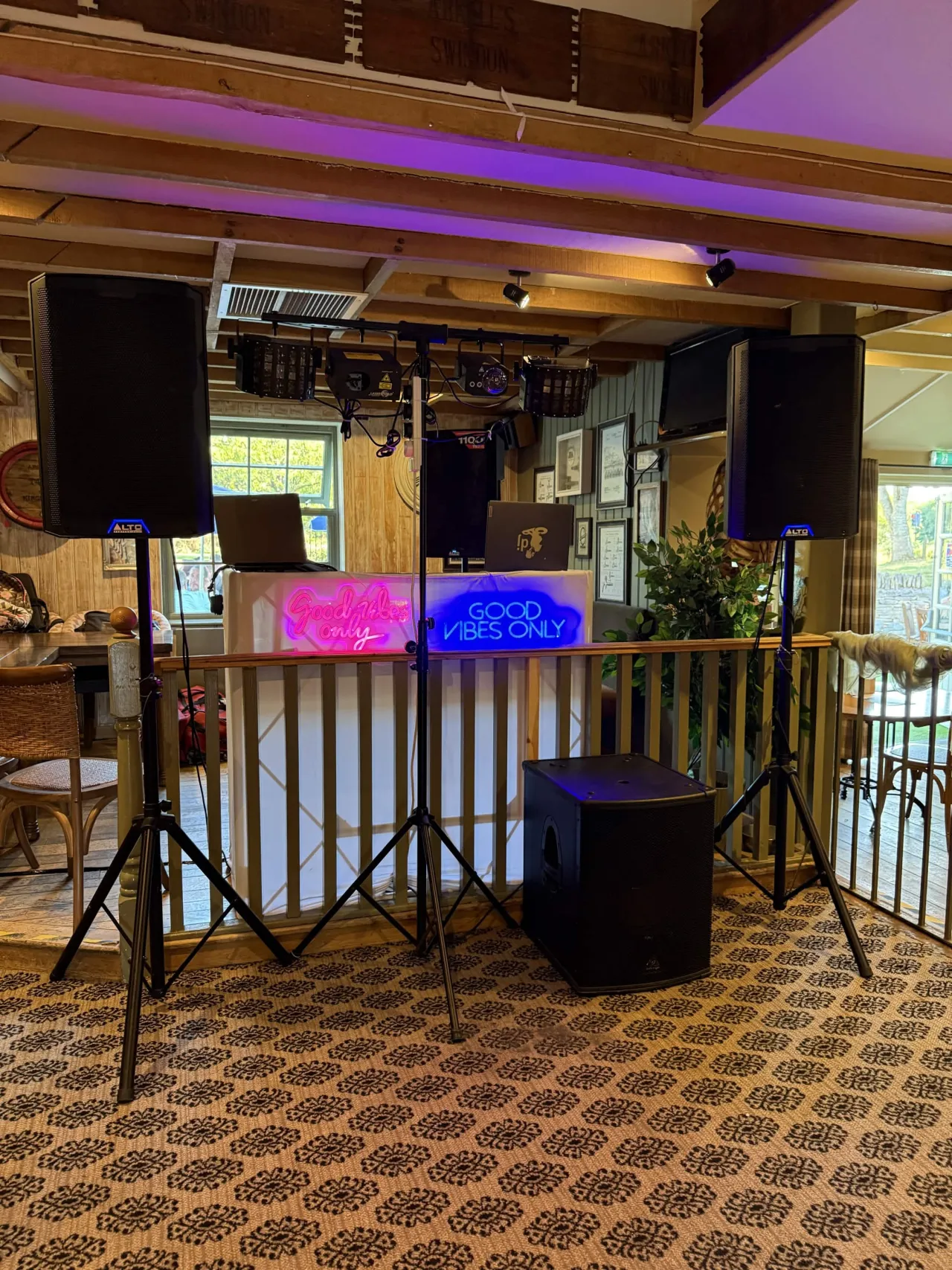 Good Vibes Only DJ equipment setup at an event